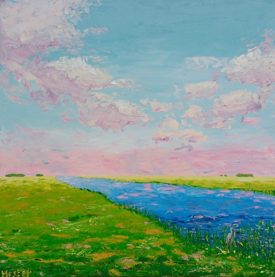 Wei en sloot in roze licht