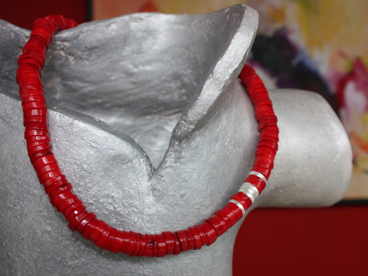 Ketting rode koraal/zilver