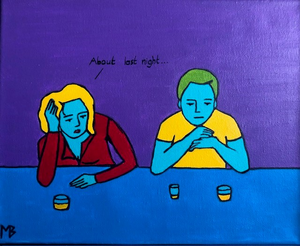 Herkenbare situaties, geschilderd in felle kleuren binnen zwart omlijnde vlakken. De geschilderde situaties zijn niet zo vrolijk als de kleuren doen vermoeden; wie goed kijkt, ziet dat de volgende thema's worden behandeld; liefdesverdriet, eenzaamheid, roddelen, vergankelijkheid, drankmisbruik, verdriet, jaloezie. Kleurgebruik en thematiek schuren, en dat is ook de bedoeling.