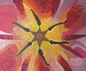 Mixed media; schilderijen opgebouwd uit kleine stukjes tape.