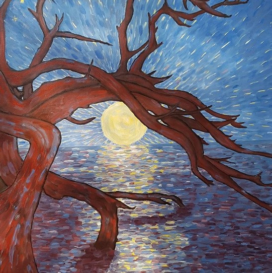 Maansondergang met boom