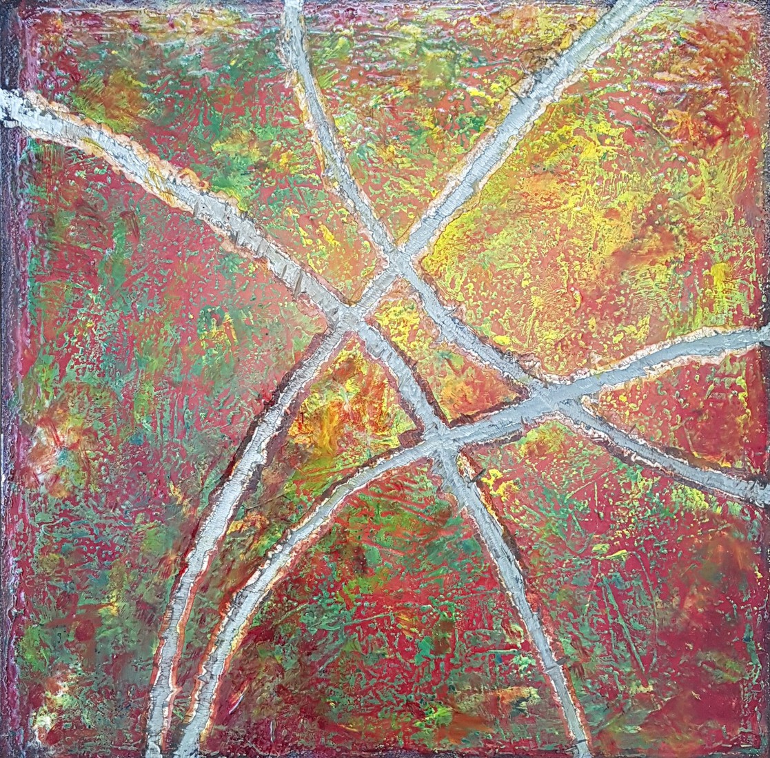 Compositie in rood, geel, groen, staal en roest