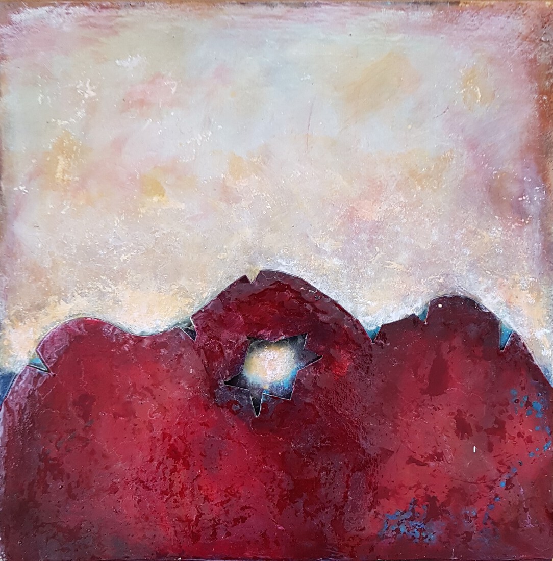 Compositie, rood, wit en blik op staal