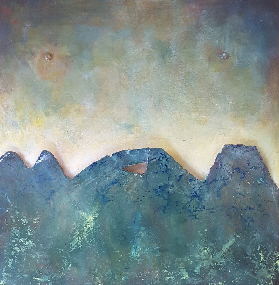 Compositie in kopergroen en wit