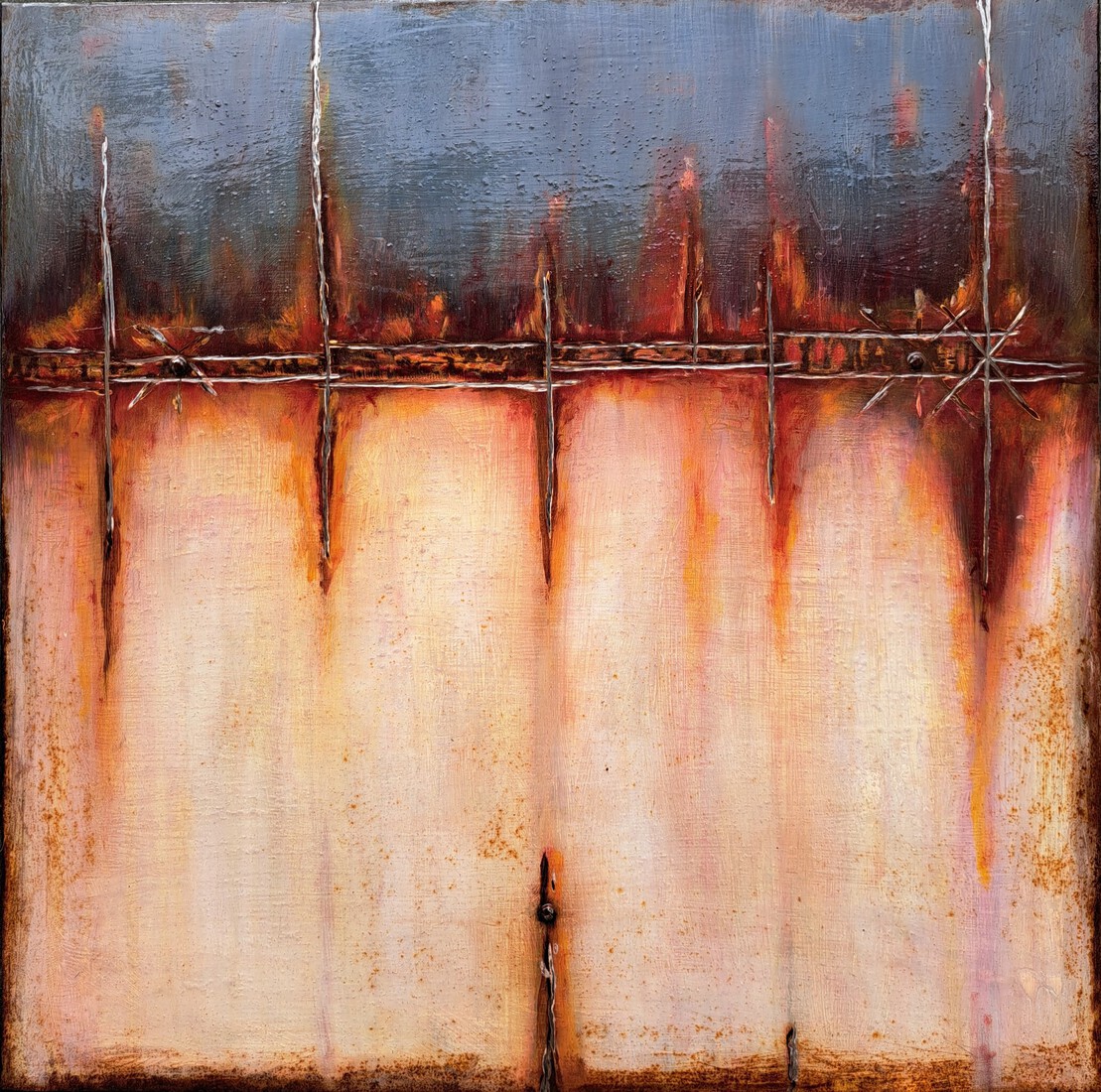 Compositie in wit, blauwgrijs, blank staal en rood