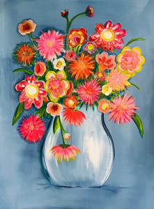 Bloemen schilderijen op een naïeve manier geschilder. Het penseel doet zijn werk en mijn fantasie verfijnt daarna het geheel.