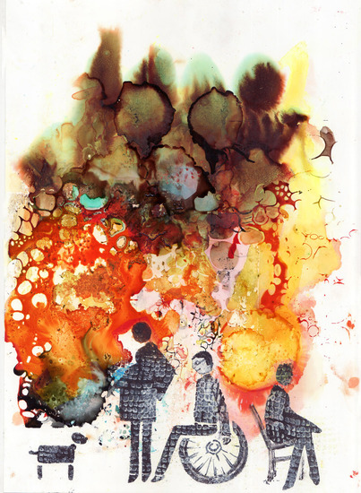 Invaliden, zwangere vrouw en hondje bij natuurverschijnsel