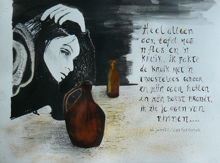 Heel alleen aan tafel, met een fles en een kruik