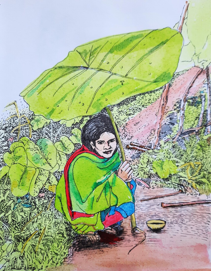 Schuilend tegen de regen