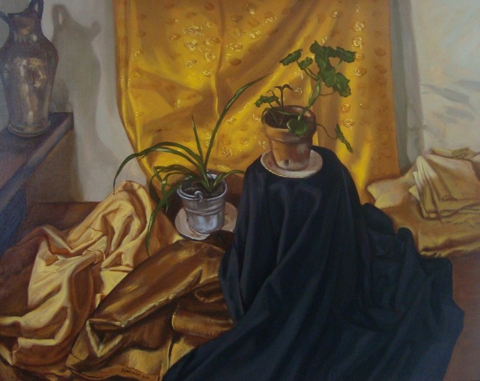 Stilleven met jonge plantjes en doeken