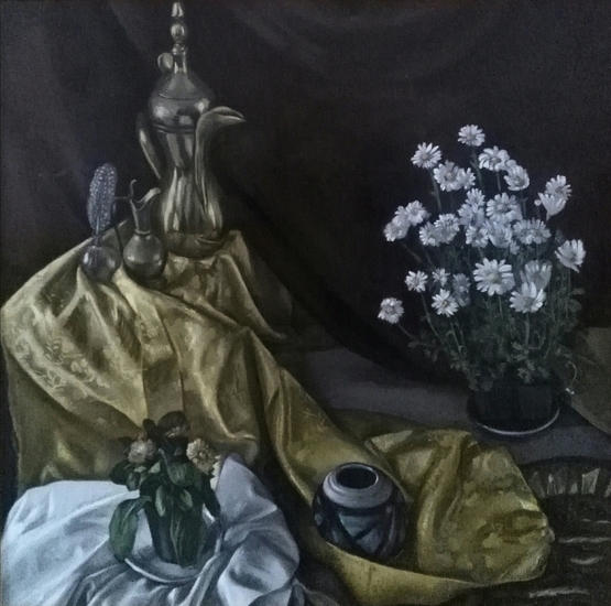 Stilleven met Perzische kan en plantjes