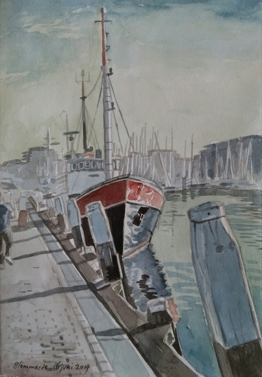 rood schip in de haven