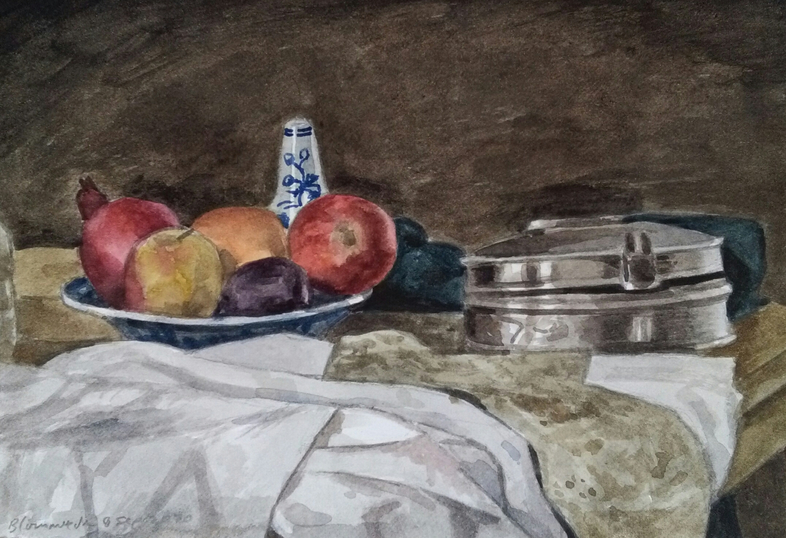 Stilleven met fruit en metalen doosje