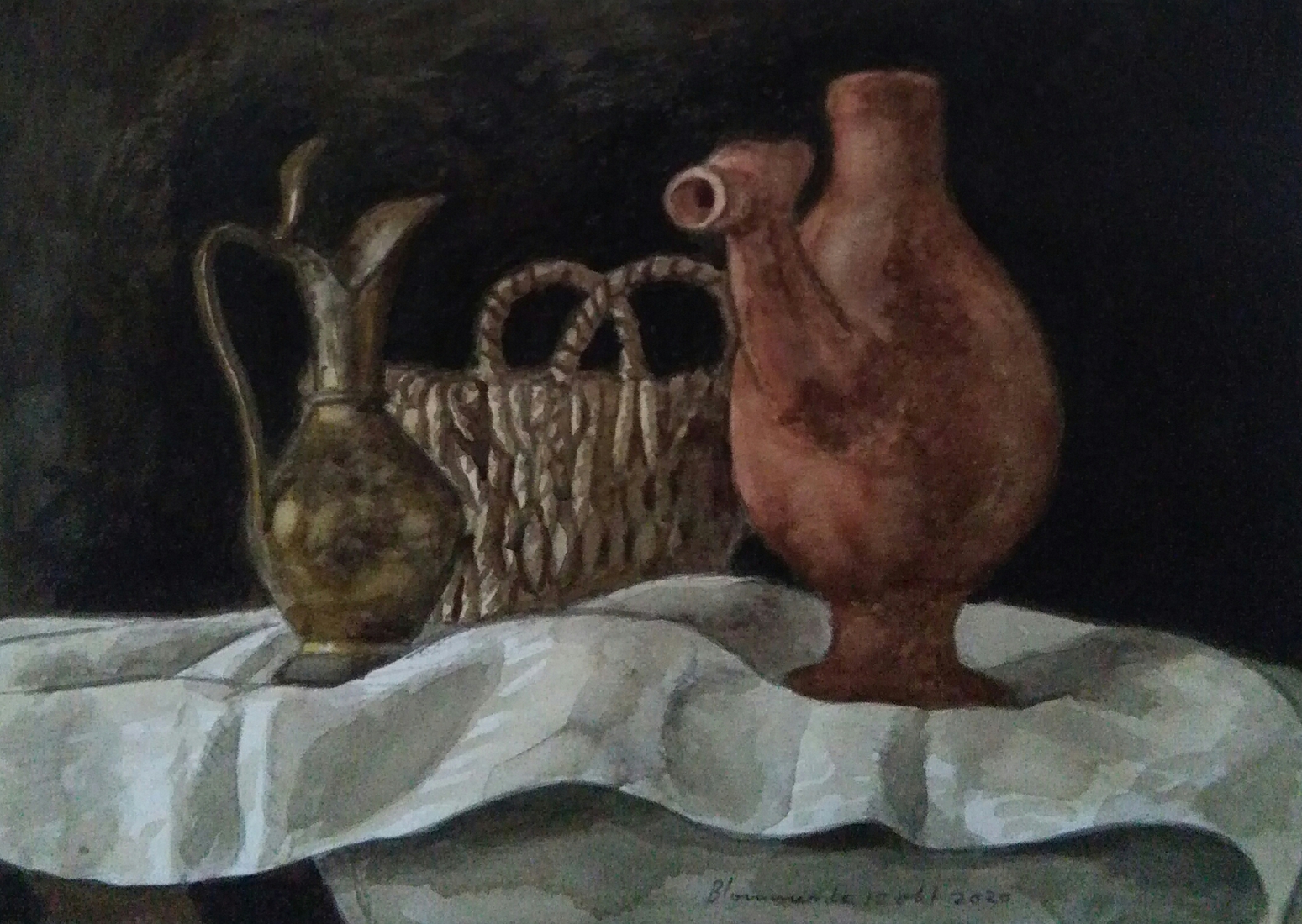 Stilleven met koperen en aardewerken kruikje