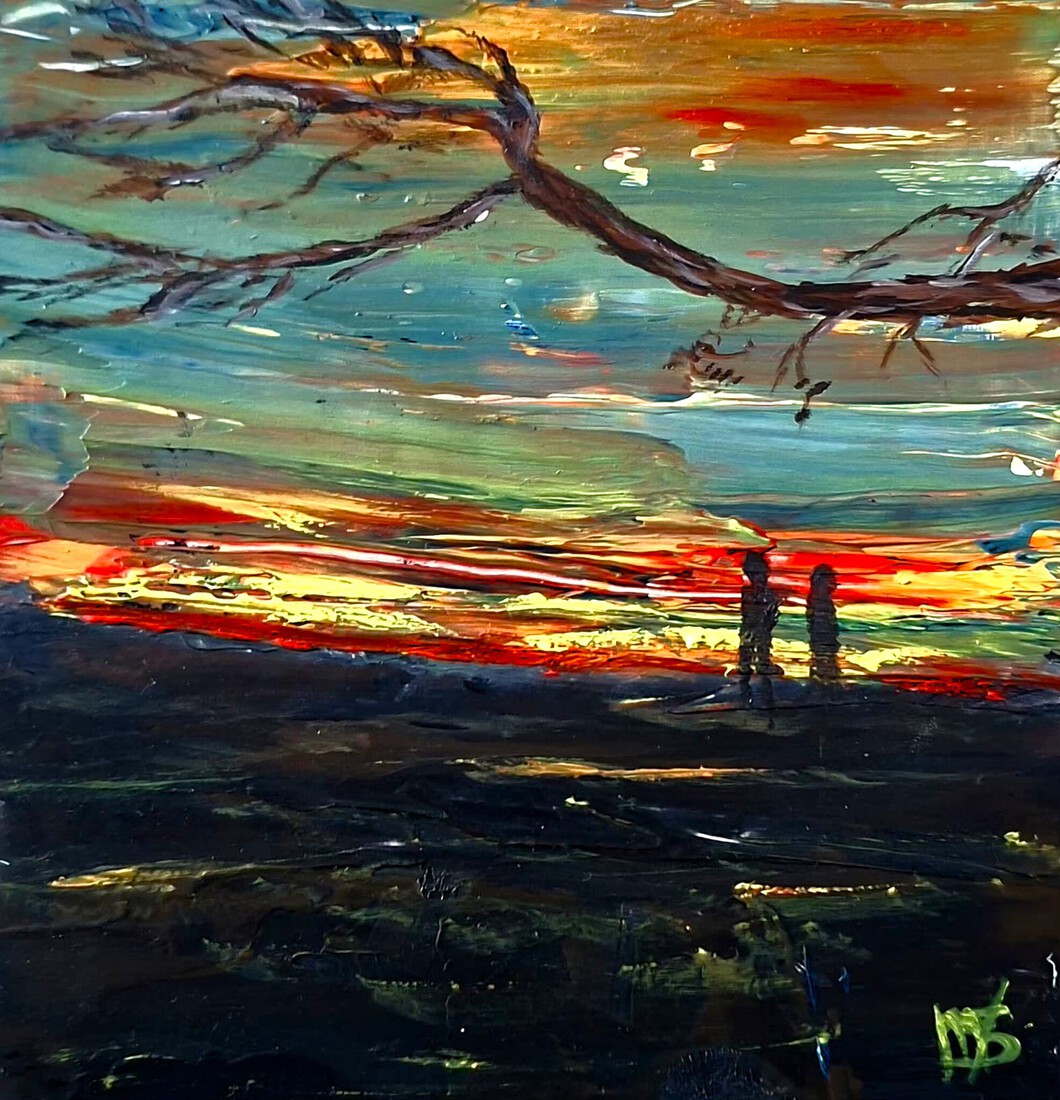 AVONDROOD 2 — bomen en figuren tegen een hemel die brandt in rood, groen en goud.