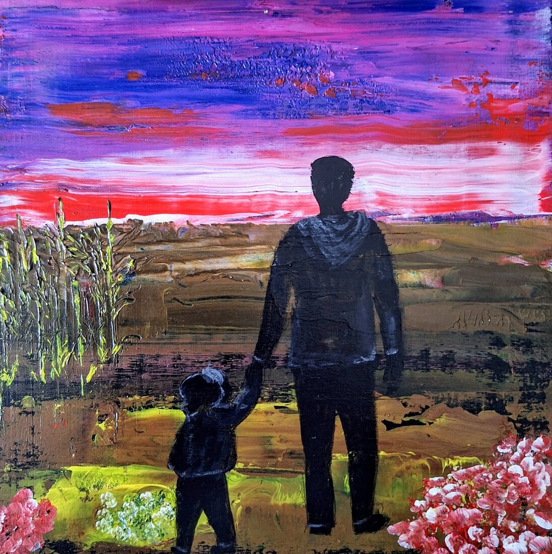 AVONDWANDELING - twee figuren die samen de horizon tegemoet gaan, verbonden door een hand en door vertrouwen.