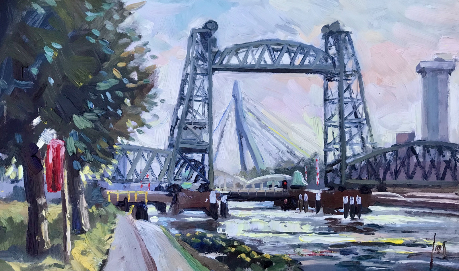 Hefbrug Rotterdam in olieverf