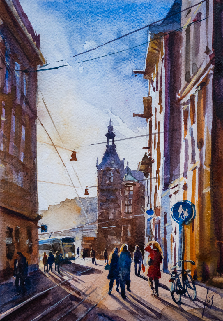009 Aquarel Amsterdam Leidsestraat