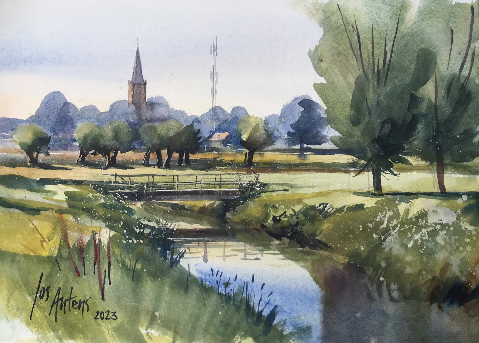 zicht op Nispen in aquarel