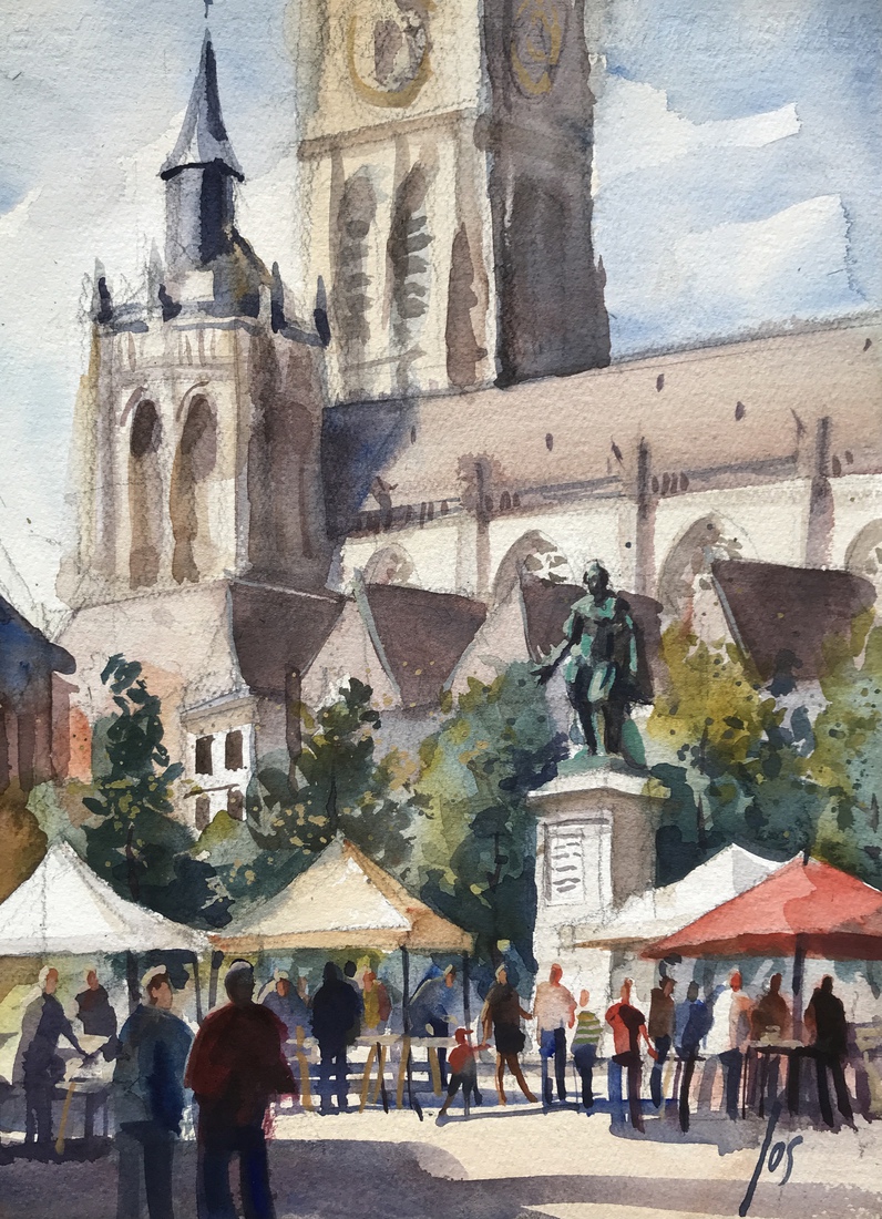 Antwerpen Groenplaats in aquarel