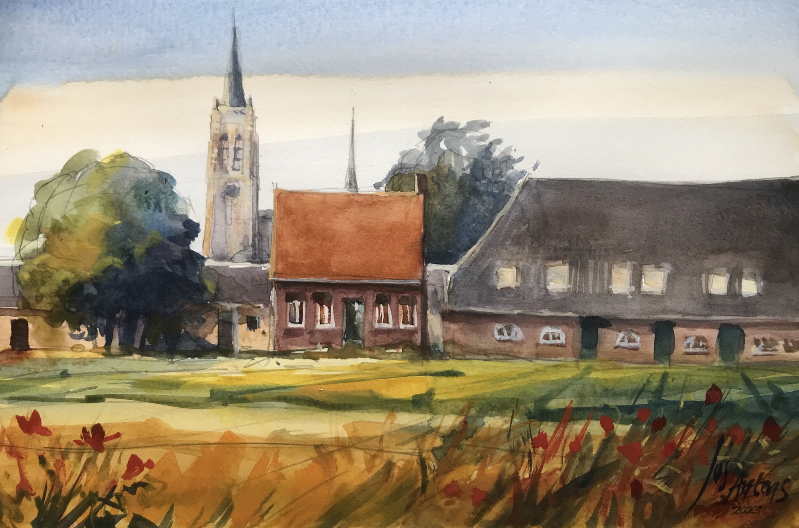 zicht op Oud-Gastel in aquarel