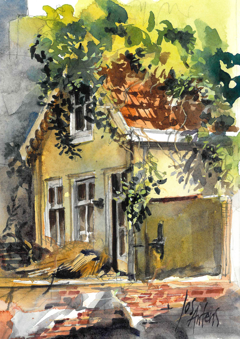 gele huisje in aquarel