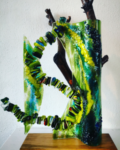 Gefused glas in combinatie met hout,steen of ander materiaal