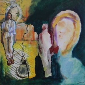 collage werken op doek, gemengde technieken