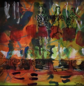 kleurige schilderwerken in gemengde technieken vormen de achtergrond voor een tekening op plexiglas, die samen verdiept zijn ingelijst