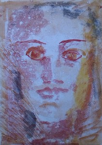 een druktechniek waarbij ik met mijn handen de achterkant van het papier aanraakt en daardoor de afbeelding veroorzaak, ik zie tijdens het maken niet hoe het resultaat gaat worden. Door dit met meerdere drukken over elkaar te doen ontstaan de verschillende kleurlagen.