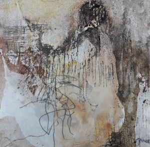 op een onderschildering van acrylverf is gewerkt met was en assen