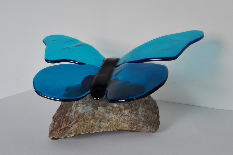 Vlinder in blauwtinten op steen