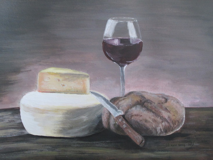 Stilleven met brood, wijn en kaas