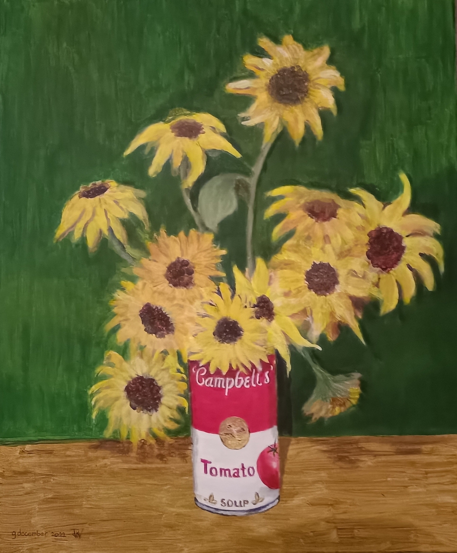  zonnebloemen in een (soep-) blik