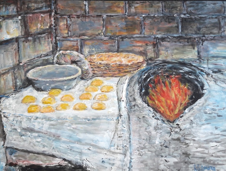 Tanuur (steenoven) mix acryl en olieverf