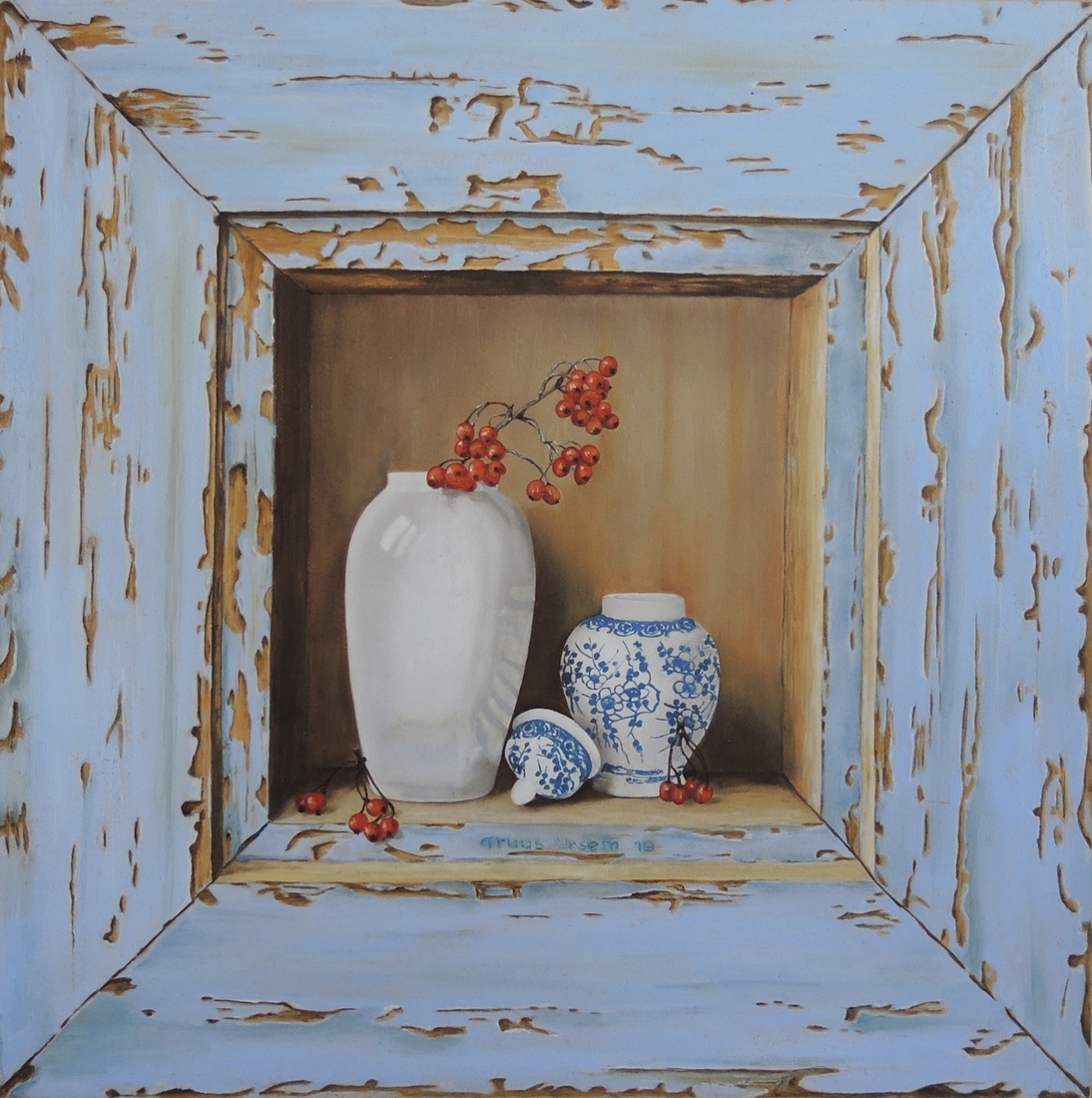 Trompe l’oeil met vazen en bessen
