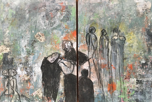 Gedragen worden, 2022, gemengde technieken, tweeluik op houten panelen. Geinspireerd naar ´The Image as birden´  Marlene Dumas.