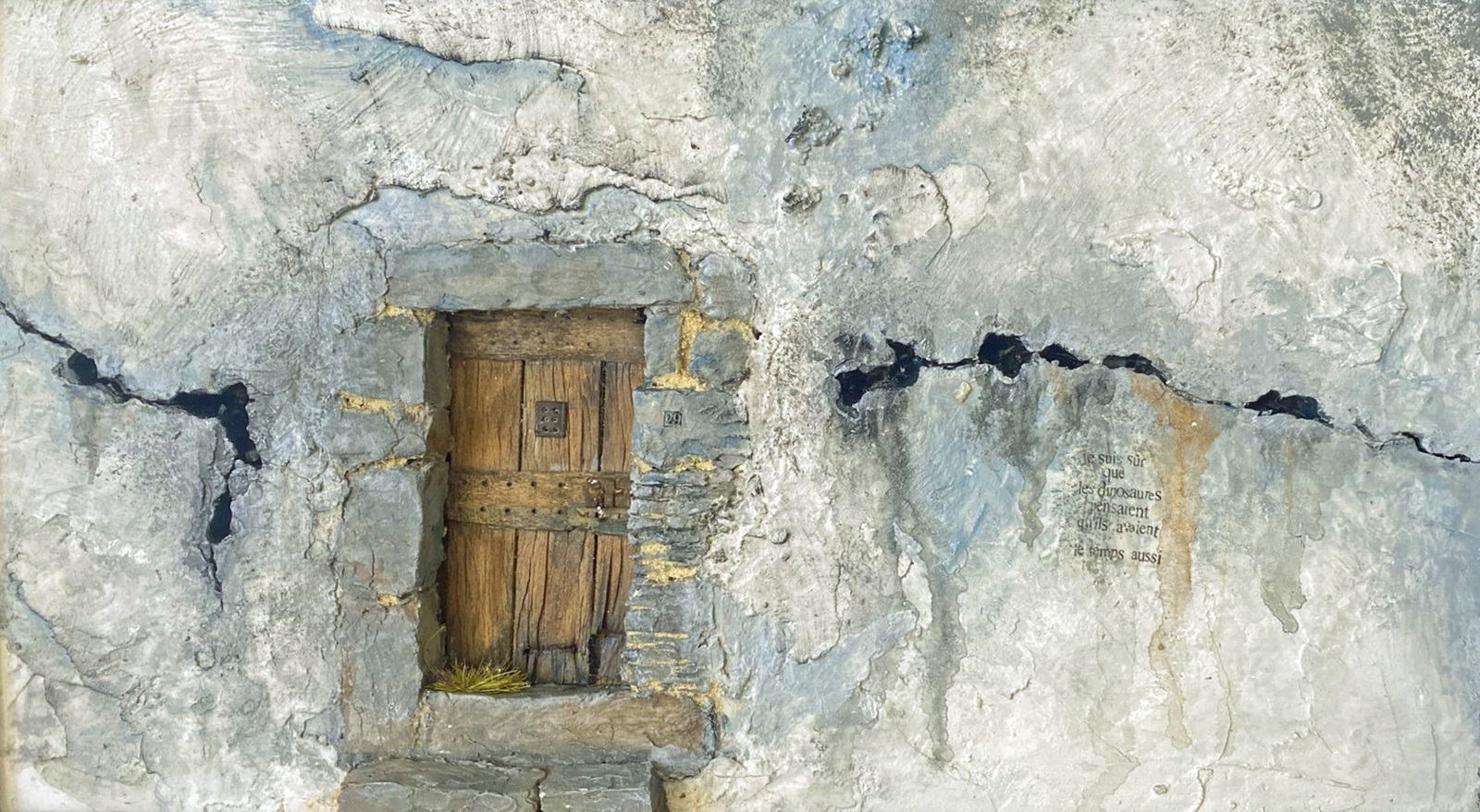 Oude deur bij nummer 29 in schilderachtige gevel. 'Je suis sur les dinosaures penserent qu'ils avaient le temps aussi