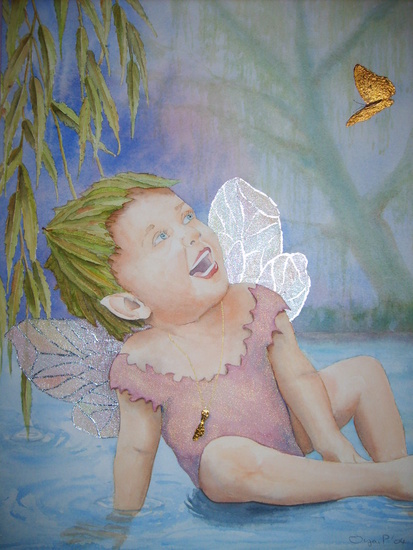 Sweet little elf in a pond in the woods of Lanopye