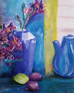 Dagelijkse gebruiksvoorwerpen vastleggen op papier met een rustgevende uitstraling is een uitdaging. Ik werk met gemengde technieken.