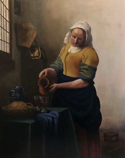 Melkmeisje schenkt wijn