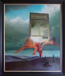Gedurende een lange periode (2001-2006) heb ik vooral voorstellingen geschilderd die twee contrasterende werelden bevatten, zichtbaar via een bijvoorbeeld een raam in de lucht.