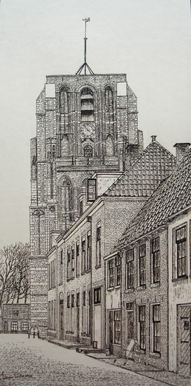 Pentekening Torenstraat met Oldehove, Leeuwarden