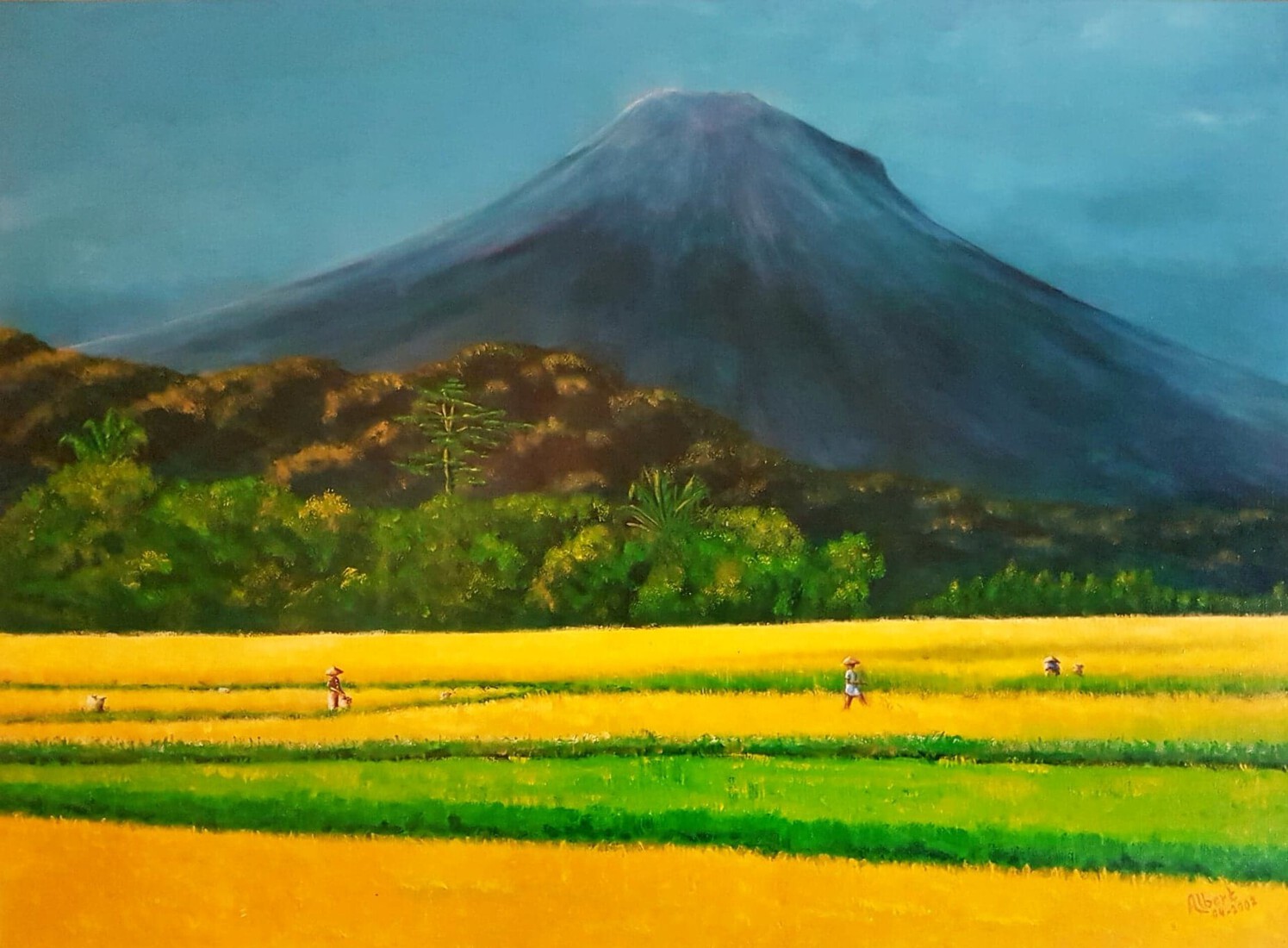 Bekerja di Sawah dekat Gunung Sumbing (Werk in de Sawah bij de Vulkaan Sumbing)