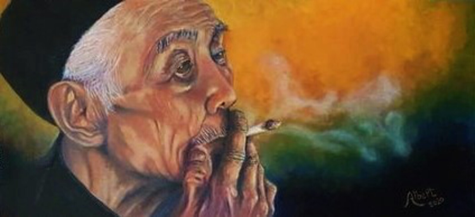 Pak Soeleiman merokok Kretek (Meneer Soeleiman rookt een kreteksigaret)