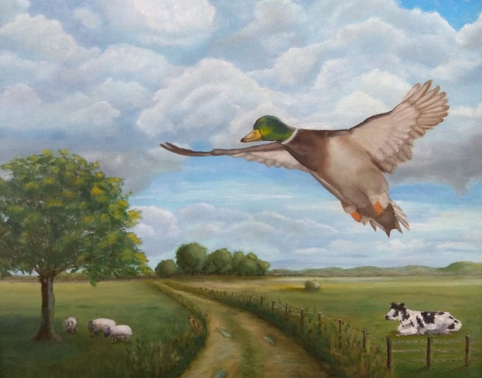 Landschap met vliegende eend