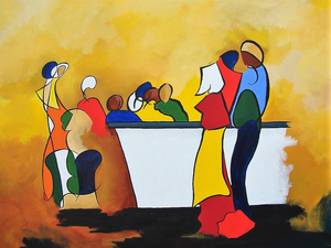 Mensen in en rond de bar  