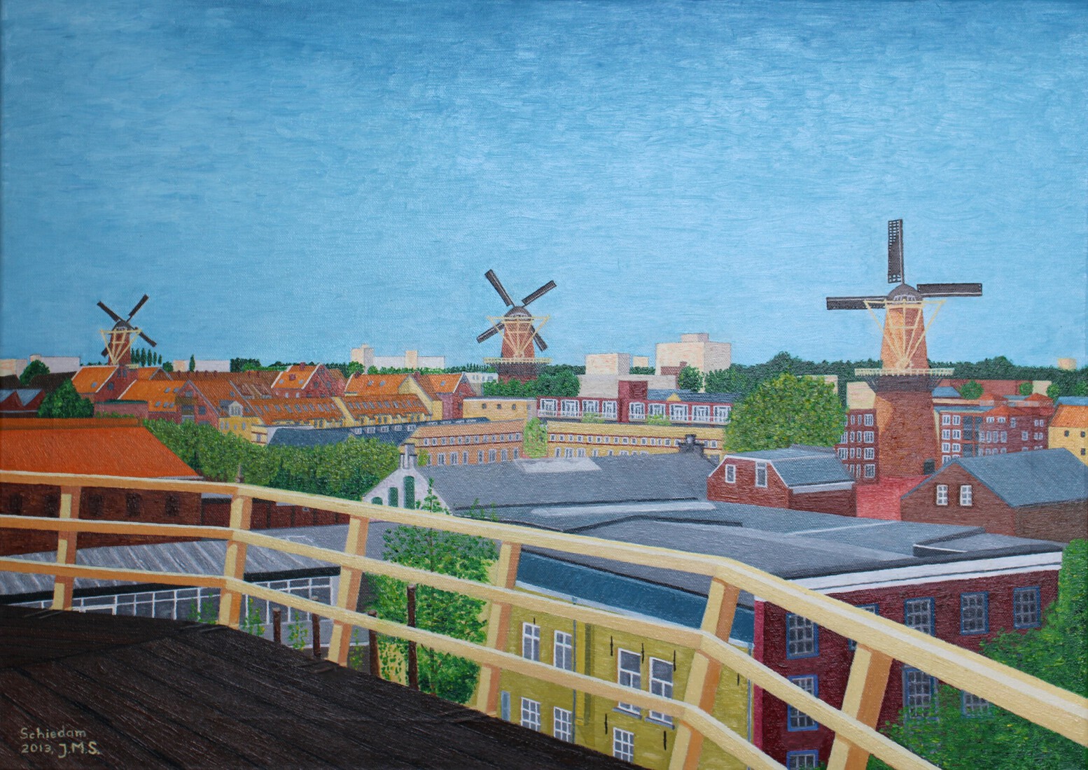 Vanaf de balie van molen de Kameel uitzicht op de molens Palmboom, de Noord en de Vrijheid