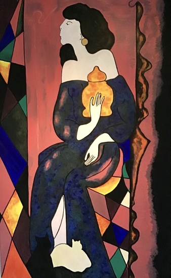 vrouw met urn en katten