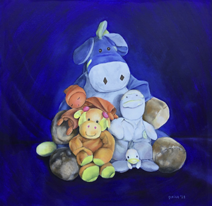 Schilderijen van dierbare knuffels en voorwerpen.